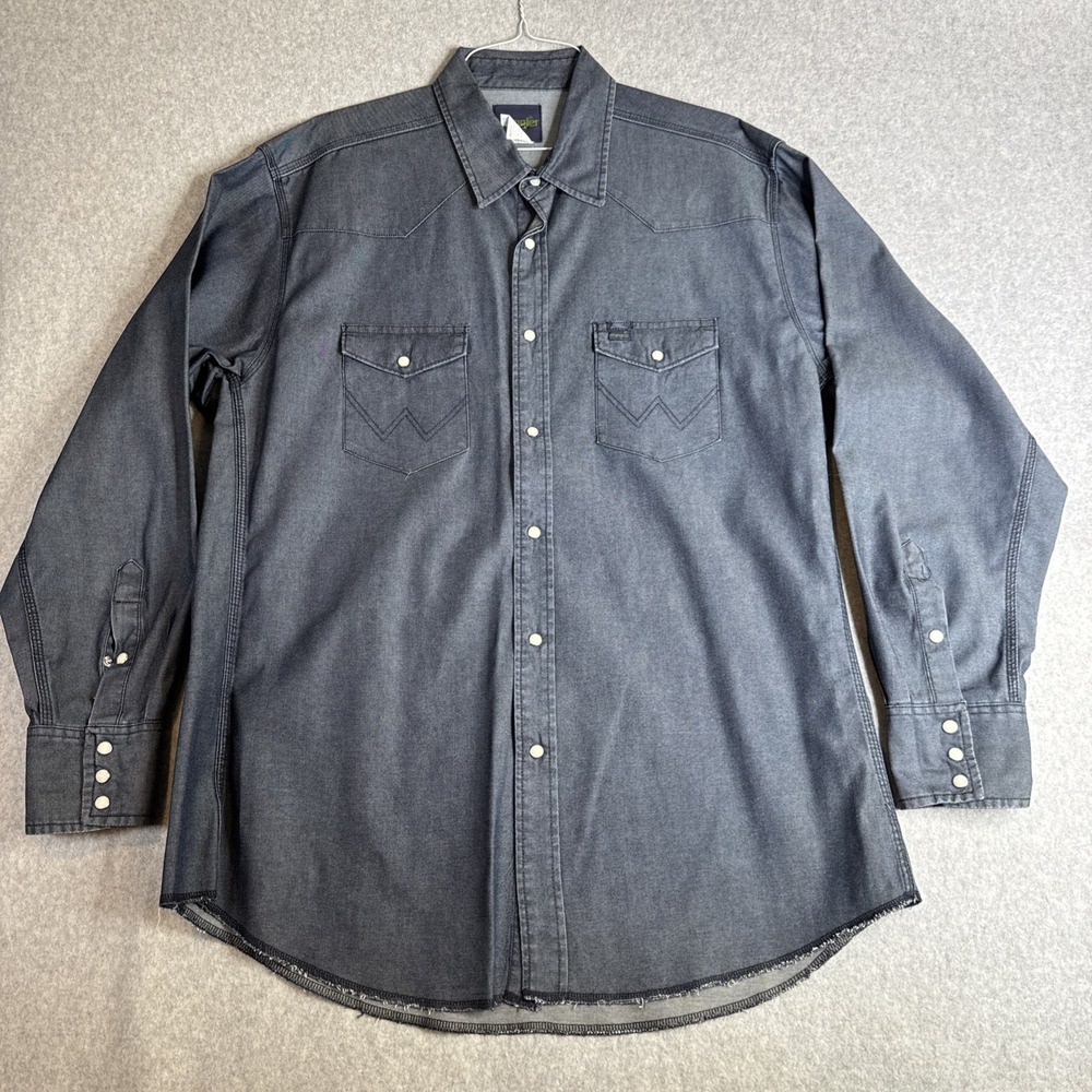 Wrangler Western Shirt Mens XL Dark Blue Denim Pearl Snap Cowboy Long Sleeve EUC - Picture 2 of 7